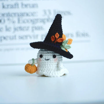 Handmade Crochet Halloween Ghost Doll with Witch Hat and Pumpkin