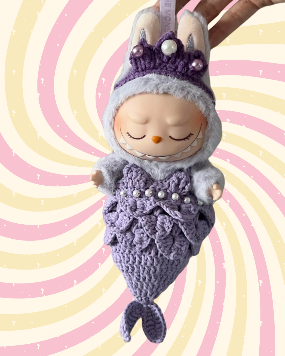 Handmade Colorful Mermaid Outfit for Labubu Doll - Crochet Bunny Ears Crown with Pearls