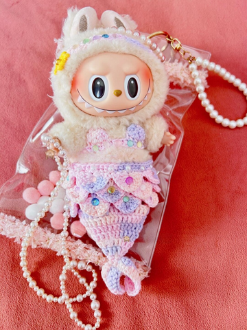 Handmade Colorful Mermaid Outfit for Labubu Doll - Crochet Bunny Ears Crown with Pearls