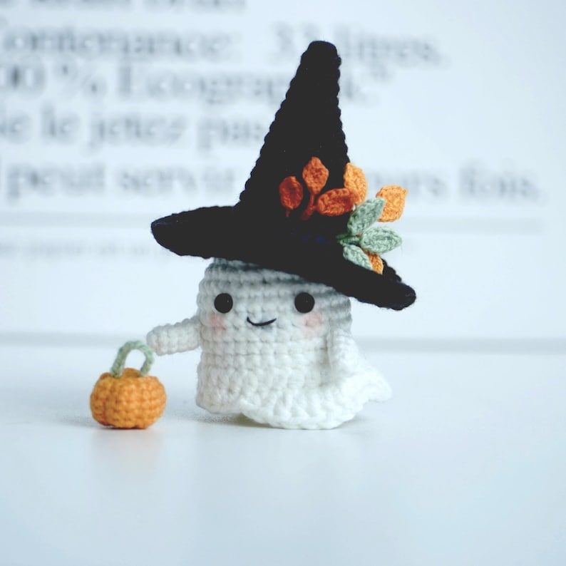 Handmade Crochet Halloween Ghost Doll with Witch Hat and Pumpkin
