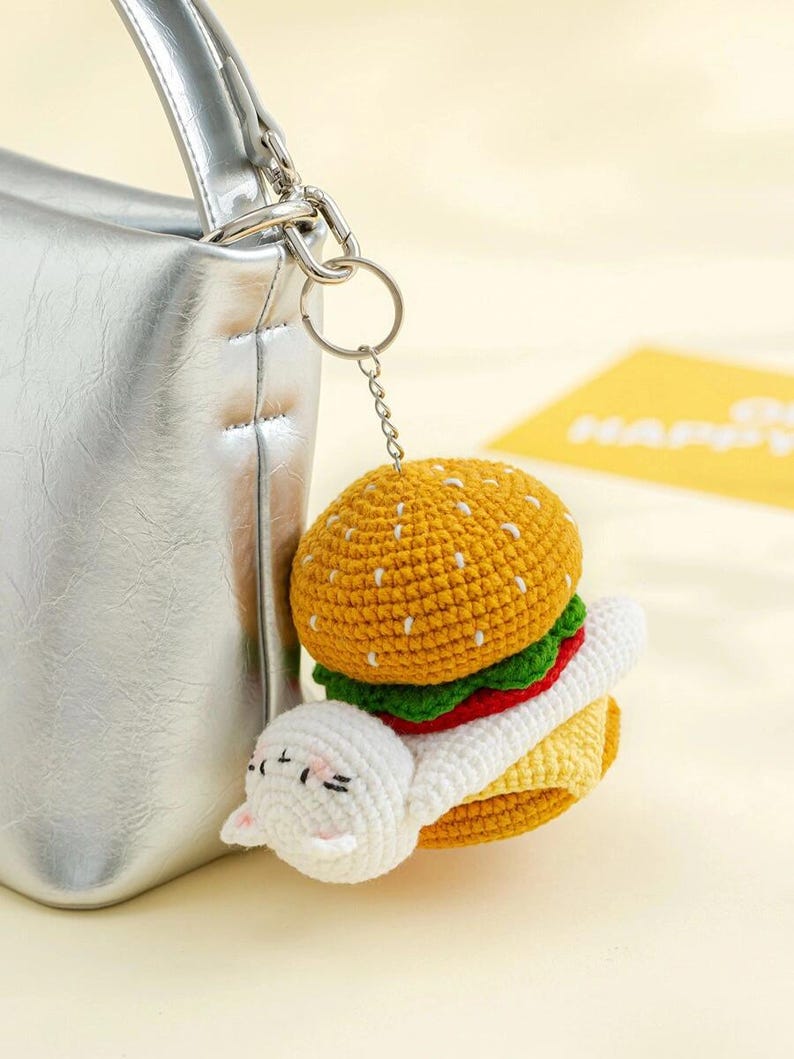 Handmade Crochet Hamburger Cat Keychain - Cute Burger Cat Bag Charm - Adorable Amigurumi Animal Keychain