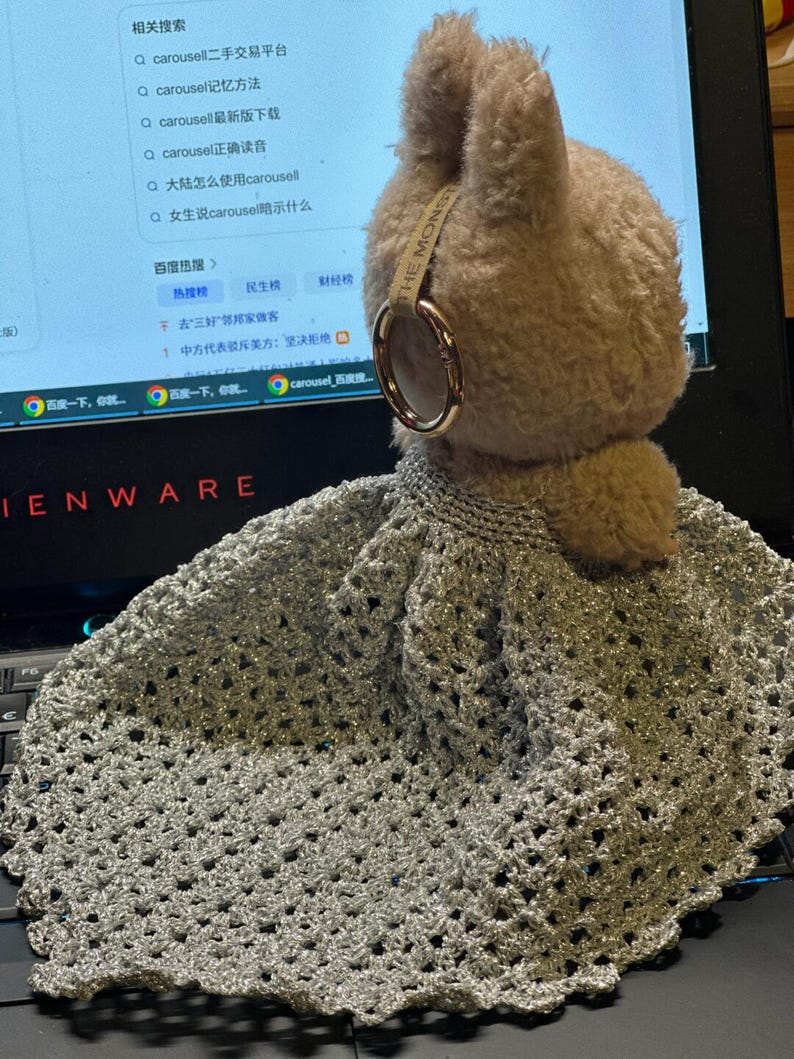Handmade Silver Crochet Gown for Labubu Doll – Floor-Length Sparkly Dress with Puff Bow Accessory